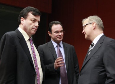 Brian Lenihan, Greek finance minister George Papaconstantinou and Commissioner Olli Rehn at yesterday's meeting.