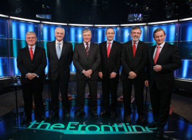 Micheál Martin and Gerry Adams line out with three other party leaders for last night's televised debate.