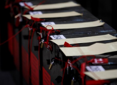 Sealed ballot boxes awaiting the count at the RDS this morning.