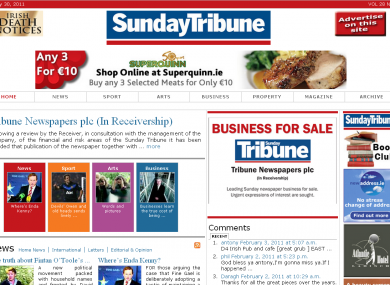 The Sunday Tribune's website was last updated on February 1, when an advertisement seeking a buyer was posted.