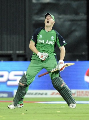 Ireland's Kevin O'Brien celebrates scoring his 100.