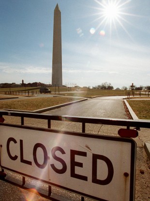 The Washington Monument, pictured during its closure in 1995 as part of the last US government shutdown.