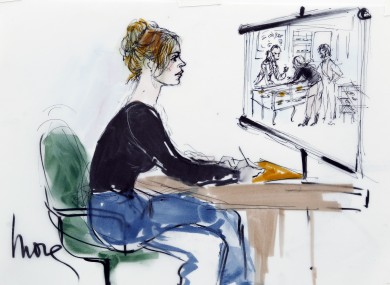 A courtroom sketch depicts Lindsay Lohan being shown CCTV footage of her alleged necklace theft.