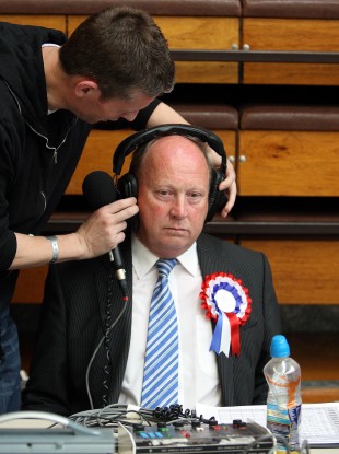 TUV leader Jim Allister during a radio interview on the second day of counting in Ballymena, Co Antrim.