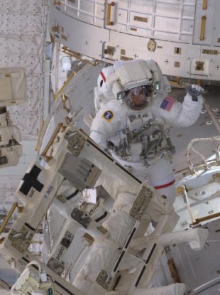 NASA astronaut Drew Feustel during a spacewalk on 20 May 2011 during Endeavour's mission to the ISS.