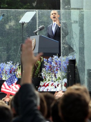US President Barack Obama addresses the crowds at College Green in Dublin.