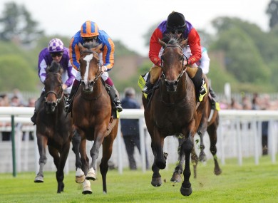 Carlton House ridden by Ryan Moore (right) beats Seville ridden by Christophe Soumillon (left) to win the totesport Dante Stakes.