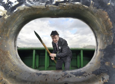 Respect mah authoritah: Dublin's Lord Mayor Gerry Breen re-enacts the 523-year-old 'Casting of the Spear' ceremony at Dublin Bay today.