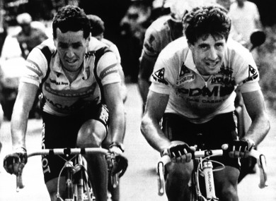 Stephen Roche, left, rides shoulder to shoulder with Pedro Delgado during their 1987 battle.
