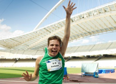 Relay event medal winner Timothy Morahan celebrating his team's Olympic success in Athens.