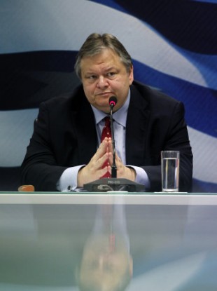 Greek Finance Minister Evangelos Venizelos speaking at a press conference last month.