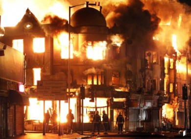 The Reeves furniture store on fire in Croydon, London, during the riots on 9 August.