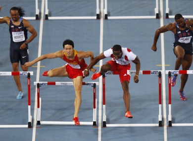 The moment when Dayron Robles (third from left) and Liu Xiang clashed. Robles went on to win the race, but was later disqualified.
