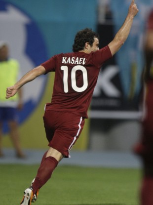 Rubin's Alan Kasaev celebrates scoring in his side's Champions League qualifier against Dynamo Kyiv earlier in the year.