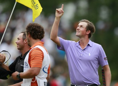 Webb Simpson celebrates after winning the Deutsche Bank Championship, but will it really count come Sunday evening?