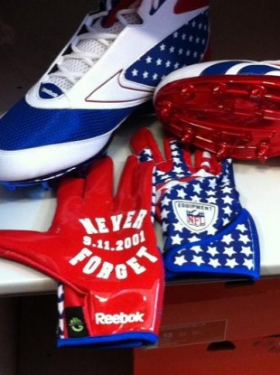 The commemorative gloves and boots which will be worn by Jamaal Charles and others tomorrow.