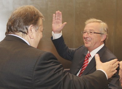 Eurogroup president Jean-Claude Juncker (right) meets Greek finance minister Venizelos in Luxembourg yesterday.