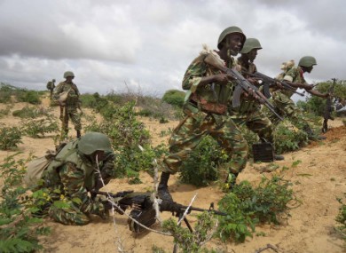 African Union peacekeepers are seen in the Deynile district of the capital Mogadishu, Somalia, yesterday