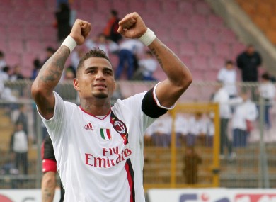Kevin-Prince Boateng celebrates his hat-trick for AC Milan against Lecce. A late comeback saw Milan win the game 4-3.