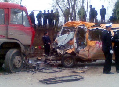 The school bus was destroyed in a collision with a truck in Yulinzi town.