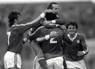 Lawrenson, Brady, McGrath and Houghton celebrate against Bulgaria, but it was Scotland's Gary Mackay who sealed Ireland's place at Euro 88 a month later.