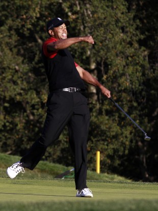 Tiger Woods celebrates winning the Chevron World Challenge at Sherwood Country Club.