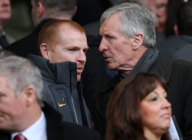 Manager Neil Lennon chats to Billy McNeil in the stands.