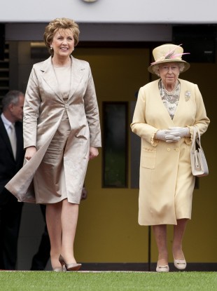 QueePresident Mary McAleese and Britain's Queen Elizabeth during the monarch's state visit in May.