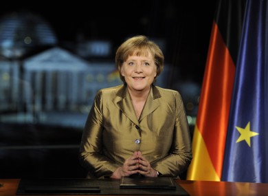 German Chancellor Angela Merkel recording her speech.