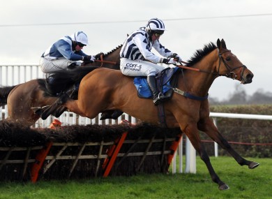 Lights of Broadway, ridden by Mark Grant, jump the last on their way to victory yesterday.