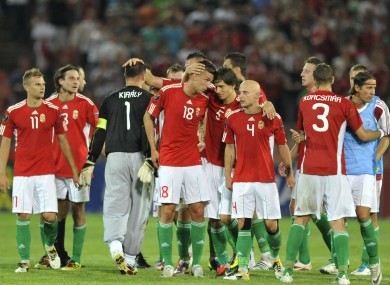 The Hungarian team celebrate an historic win over Sweden last year.