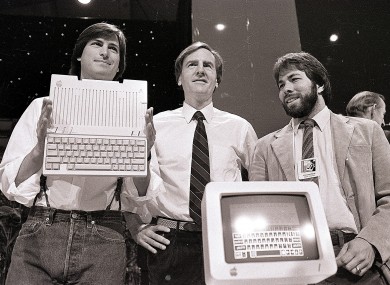 Steve Jobs, Steve Wozniak and John Sculley unveil the Apple IIc computer in 1984