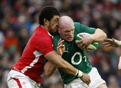 Ireland's Paul O'Connell collides with Wales' Toby Faletau.
