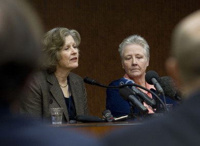 Sheila Hollins, left, speaks at the conference with abuse victim Marie Collins