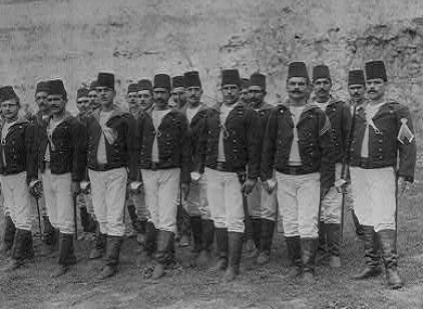 Ottoman imperial soldiers, photographed between 1880 and 1893 in Istanbul.
