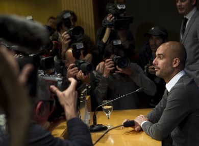 Pep Guardiola faces the press yesterday at the Camp Nou.