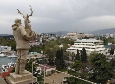 A statue of a reindeer breeder looks out over Sochi, Russia.