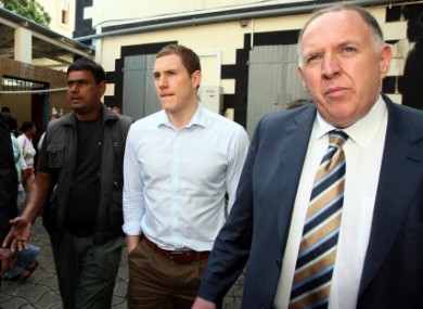 John McAreavey and his father Brendan outside the Supreme Court in Mauritius today.