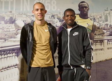 Dai Greene and Bershawn Jackson pose ahead of the Diamond League meeting in Rome.