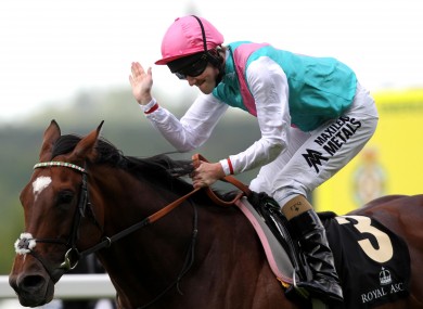 Tom Queally celebrates his victory on Frankel in the Queen Anne Stakes today.