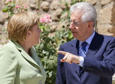 Mario Monti (r) hosted Angela Merkel (l), Francois Hollande and Mariano Rajoy for four-day talks in Rome this afternoon.