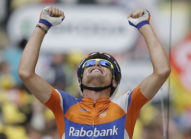 Luis Leon Sanchez celebrates his win after an excellent ride during Stage 14.