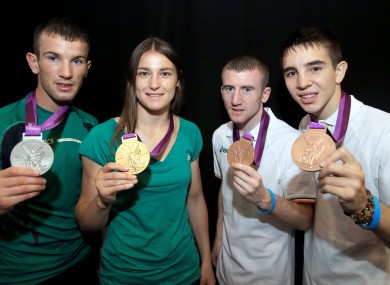 Ireland's John Joe Nevin, Katie Taylor, Paddy Barnes and Michael Conlan show off their medals.
