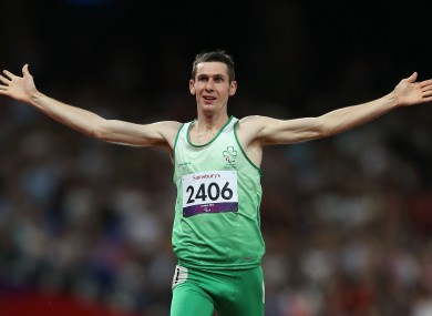 Ireland's Michael McKillop celebrates winning Gold in the Mens 1500m - T37 at the Olympic Stadium.