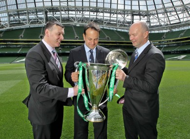 Leo Varadkar (centre), with the IRFU's Philip Browne and the ERC's Derek McGrath and the Heineken Cup - an example of alcohol sponsorship in sport.