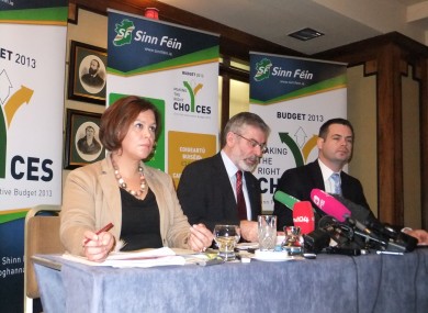 Mary Lou McDonald, Gerry Adams and Pearse Doherty at today's alternative budget launch.