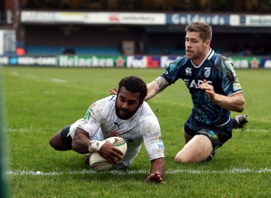 Montpellier's Timoci Nagusa scores in the corner against Cardiff Blues during the Heineken Cup Pool Six match.