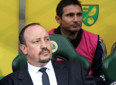 Benched: Chelsea manager Rafael Benitez (front) and player Frank Lampard.