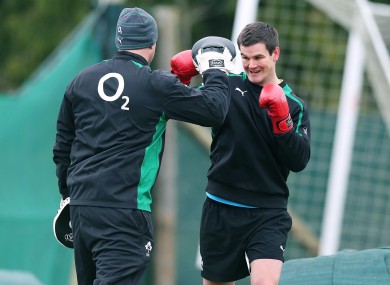 Jonny Sexton unleashes some frustration in training.