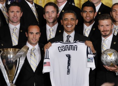 Keane, far left, and his LA Galaxy team-mates presented Obama with a jersey when they met last May.